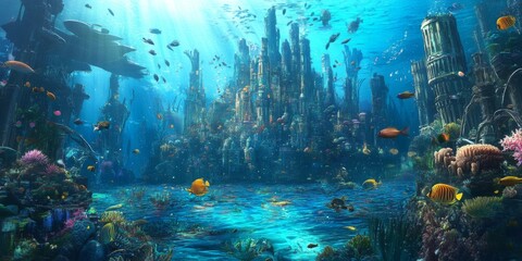 Enchanted Underwater City: A Fantasy Realm of Coral Castles and Prismatic Fish Schools in Anime Aesthetic, storybook illustrations, comic strips, book illustrations and picture books,Abstract concepts