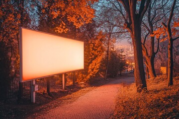 Illuminated Billboard in a Forest Path at Dusk