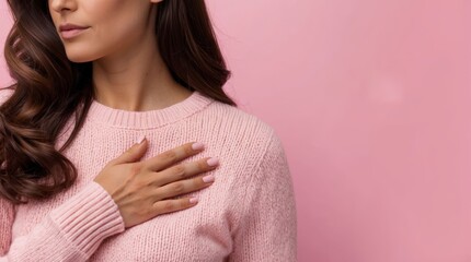 Woman touching her breast, ribbon symbolizing breast cancer, Breast Cancer Awareness Month concept, light pink background.