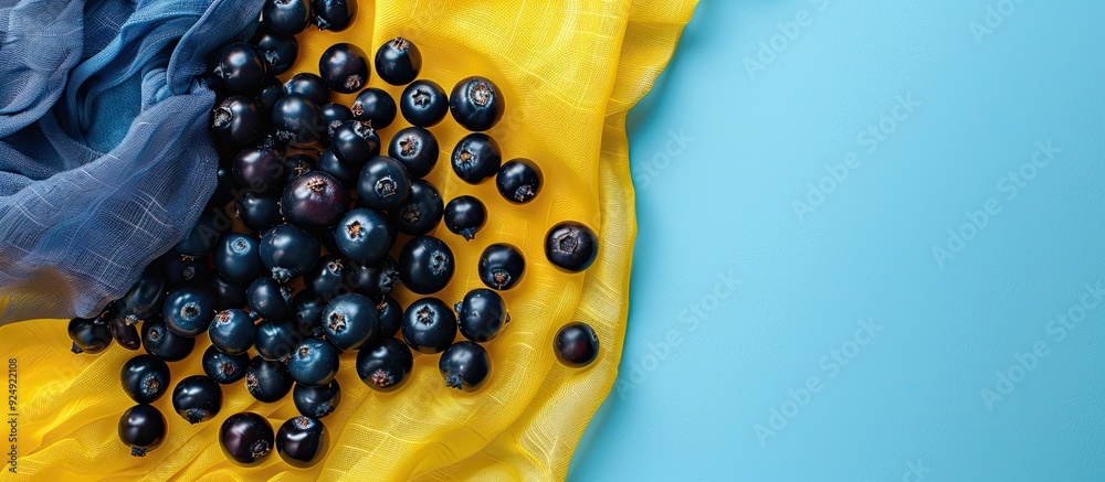 Poster top view macro image of bilberries on yellow and light blue kitchen textiles with copy space image