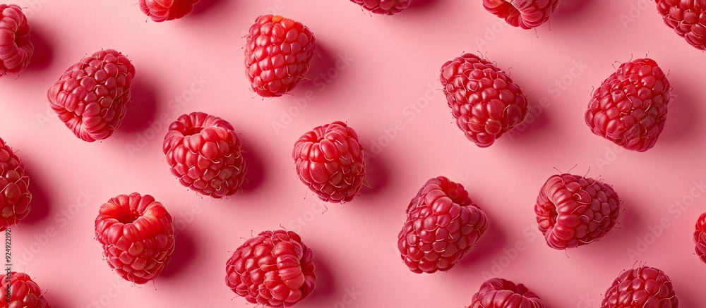 Aufkleber Pink background with a raspberry pattern symbolizing a colorful diet concept seen from above with copy space image for a healthy food idea