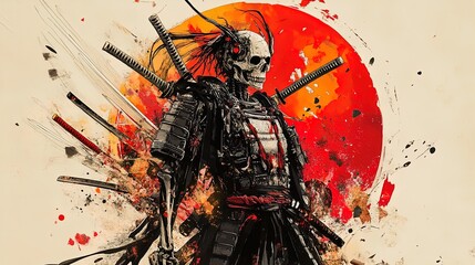 Intimidating Skeletal Samurai: A Striking Fusion of Tradition and Cybernetics, Perfect for a Sports Interior Poster with Vivid Colors and Dynamic Katana Display Against a Bold Sun backdrop.