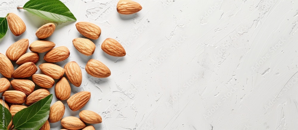 Poster An overhead shot of almond nuts stacked on a white surface with room for text or graphics such as a copy space image