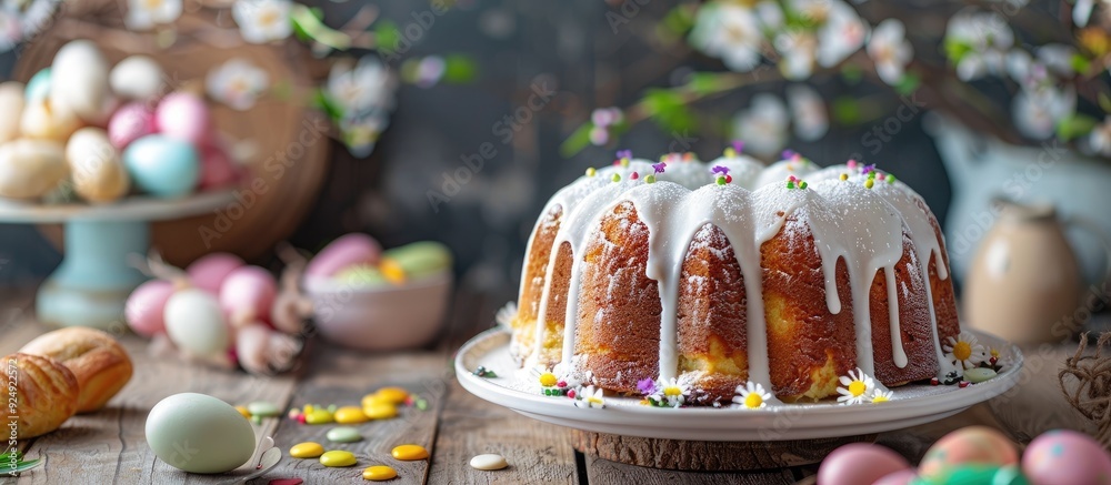 Poster Festive homemade Easter kulich cake displayed on a table featuring a copy space image with a backdrop of various healthy meal options and holiday treats