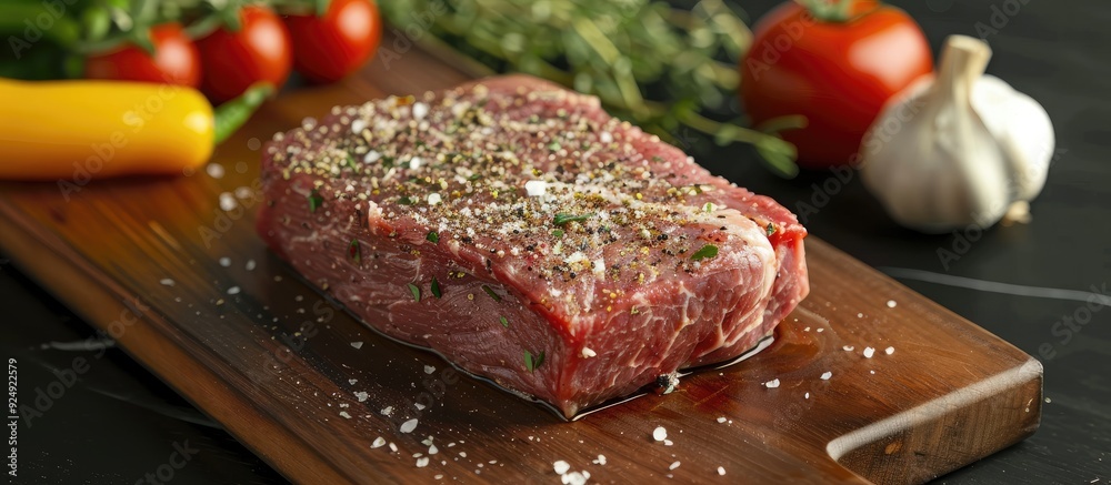 Poster a raw steak seasoned with salt and pepper displayed on a wooden board accompanied by vegetables on a