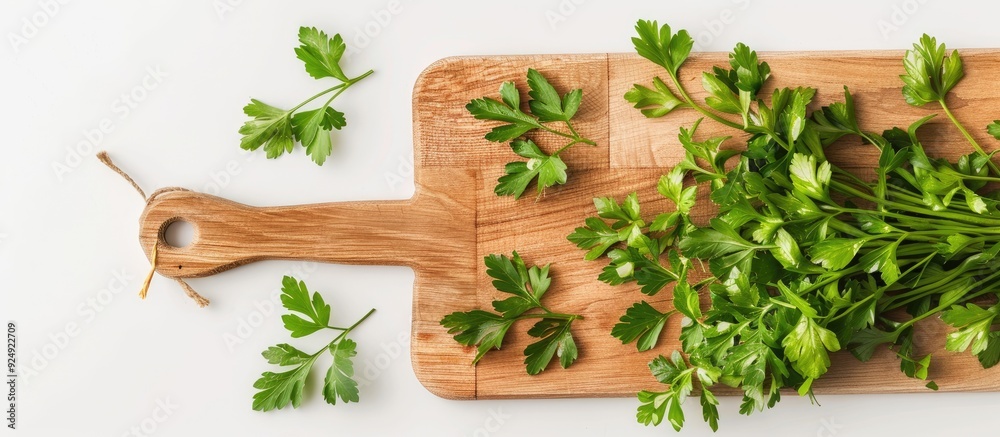 Poster Rectangular cutting board adorned with parsley leaves on a white background featuring copy space image