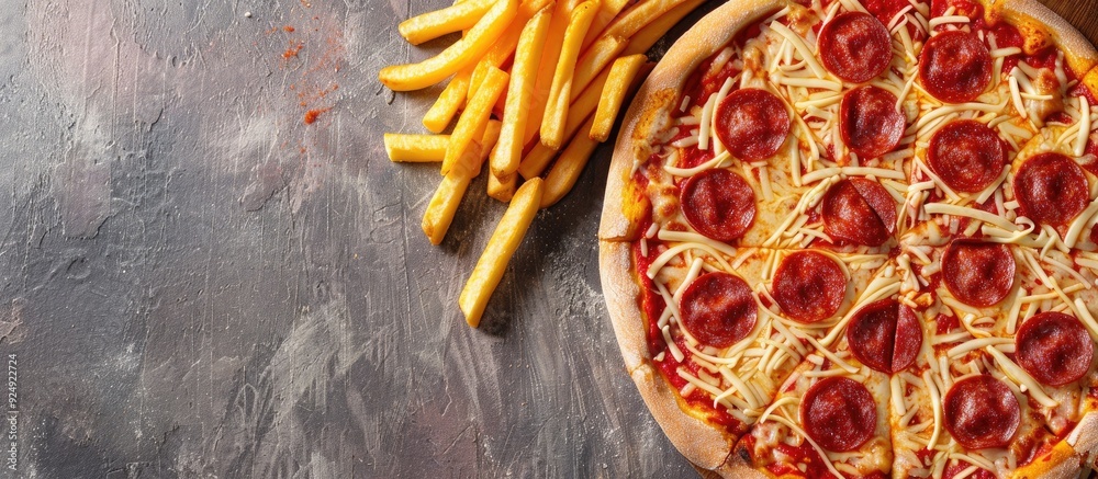 Poster pizza dough topped with cheese pepperoni and served with a side of french fries on a copy space imag