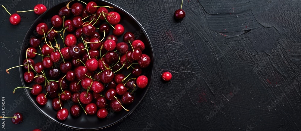 Poster Top view of a plate filled with red cherries on a black table perfect for adding your own image or text. Creative banner. Copyspace image