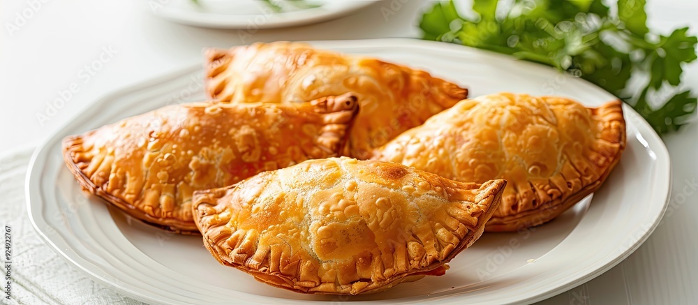 Poster ideal for recipes articles catalogs or commercial use a kue pastel or curry puff is displayed on a w