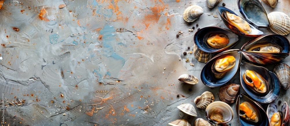 Fototapete mussels and clams arranged on textured background with copy space image for text