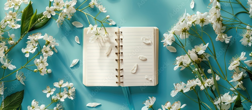 Poster top view of a notebook on a blue surface adorned with white flowers ideal for occasions like birthda
