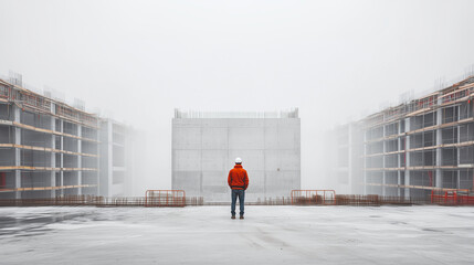 A single worker in bright orange uniform is dwarfed by the empty construction site, with incomplete buildings and unused machinery, showing the impact of workforce shortages.
