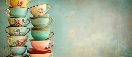 High quality photo of vintage tea and coffee cups stacked against a petrol background with copy space image