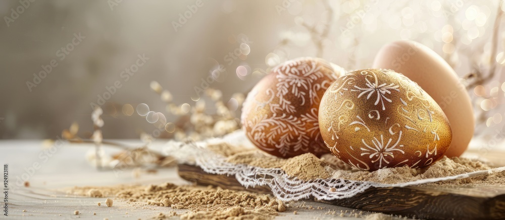 Poster Happy Easter card with three Easter eggs placed on a wooden cutting board against a white table backdrop surrounded by sawdust The arrangement includes a lace border with a golden egg offering a copy