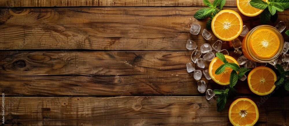 Poster fresh orange juice with ice on a wooden surface background showcasing a copy space image