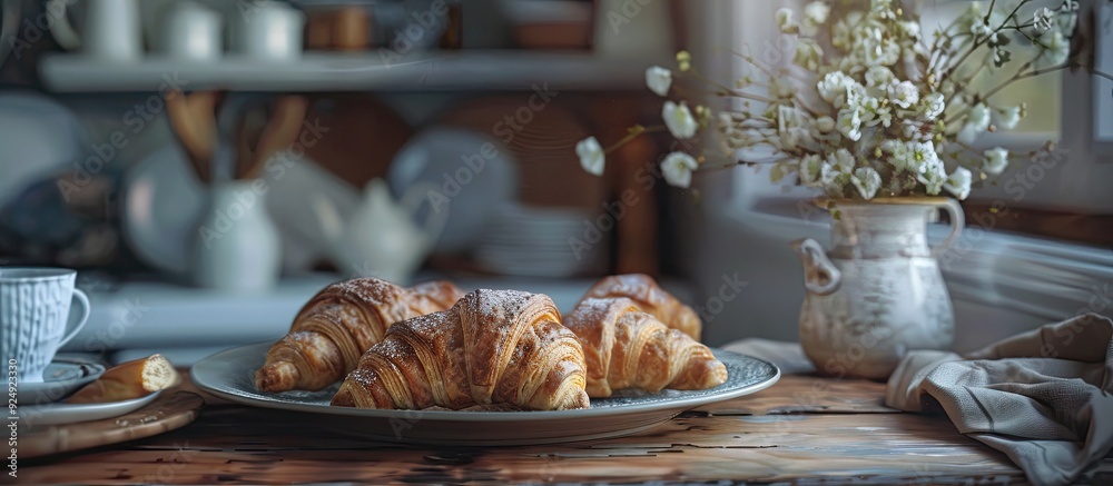 Aufkleber in the kitchen there is a plate with freshly baked croissants creating a cozy scene with a rustic fe