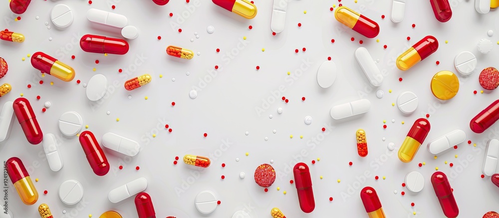 Aufkleber various red white and yellow pills and capsules are displayed against a white backdrop with room for