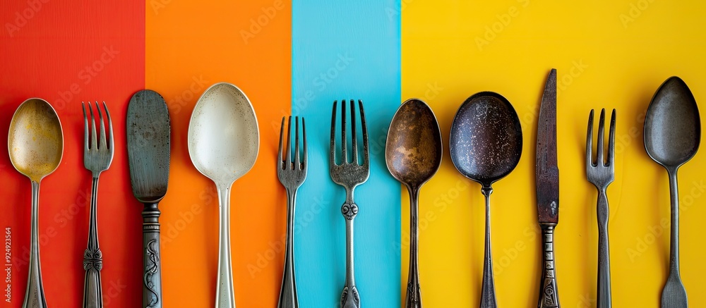 Aufkleber Various types of cutlery arranged on a colorful background with room for a caption in a copy space image