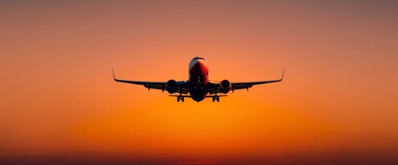 Naklejka premium A Passenger Airplane Flying In An Orange Sky During Sunset, Creating A Warm And Peaceful Scene