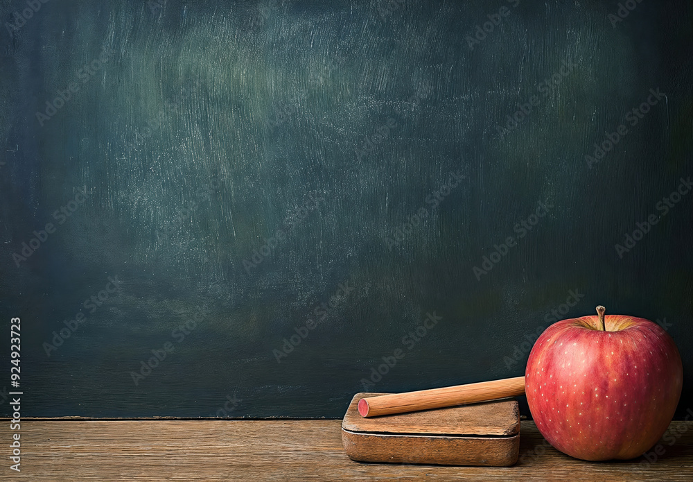 Aufkleber blank chalkboard is providing copy space on the left with a red apple and chalk on a wooden ledge, c