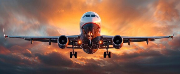 Naklejka premium A Passenger Airplane Taking Off At Sunset, With An Orange Sky