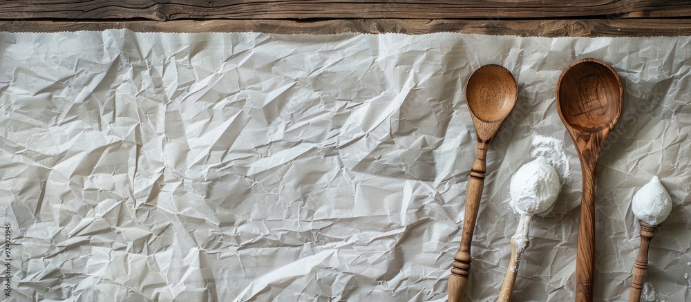 Poster Top view of kitchen utensils placed on crumpled white parchment over a wooden table creating a baking themed background with ample copy space for text and design
