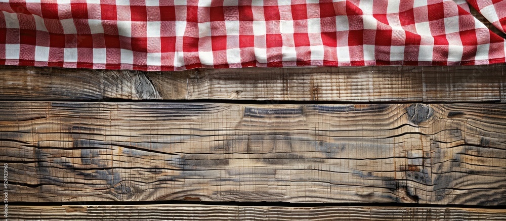 Aufkleber red checkered napkin or tablecloth on raw wooden table showing planks and texture with available cop