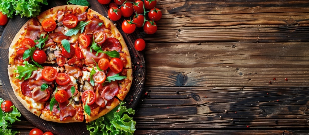 Poster Pizza topped with tomatoes bacon and salad on a wooden backdrop with ample copy space image