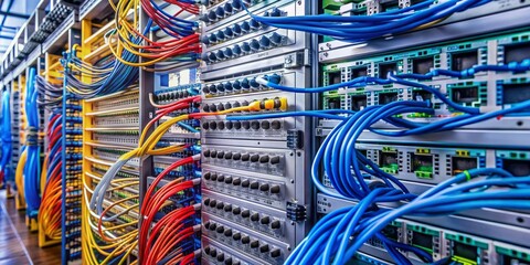 Tangled network cables connected to a switch in a crowded data center, showcasing high-tech computer hardware and complex digital infrastructure in a busy server room.