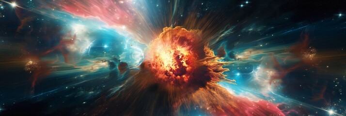 A highly dynamic image capturing a dramatic cosmic explosion, displaying vibrant and colorful energy against the vastness of space.