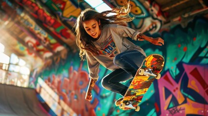 Fototapeta premium Soaring Brazilian Skater: Women's Park Skateboarding in Vibrant Graffiti