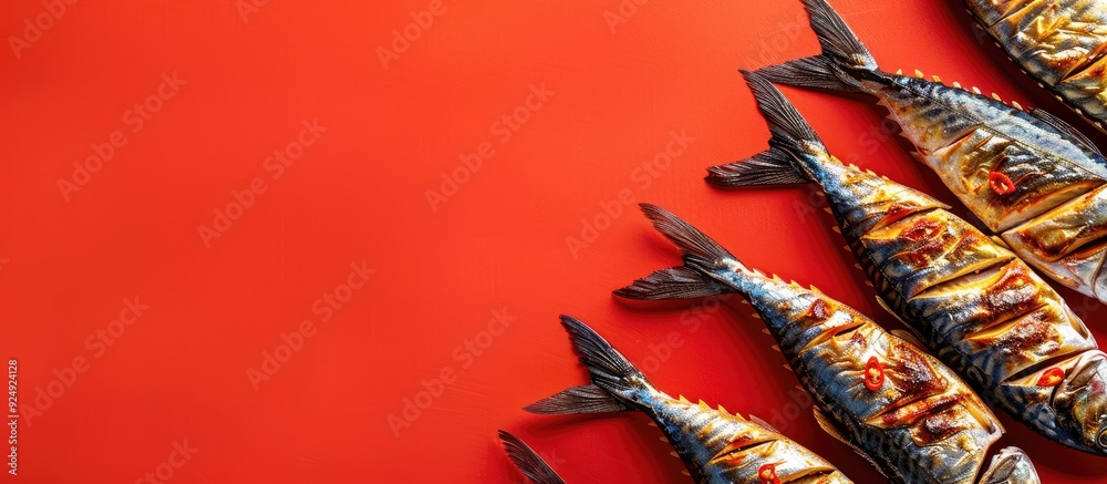Poster Fried mackerel arranged on red background with copy space image
