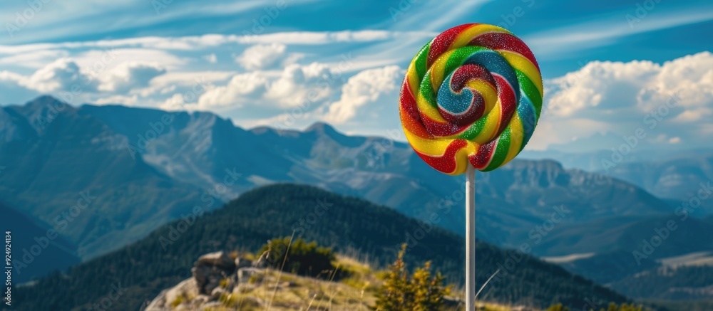 Poster high resolution photo featuring a vibrant rainbow lollipop against a scenic natural background with 