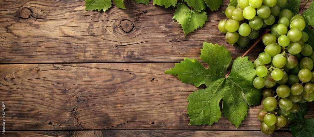 Poster Fresh green grapes with a bunch and vine leaf displayed on a wooden background in a top view flat lay style with copy space image