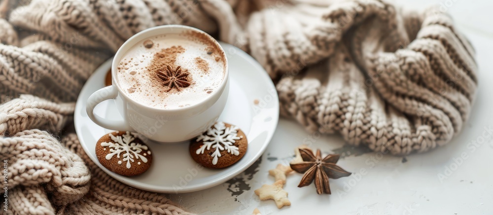 Poster a knitted scarf cocoa cookies on a white plate and a white table are showcased in the copy space ima