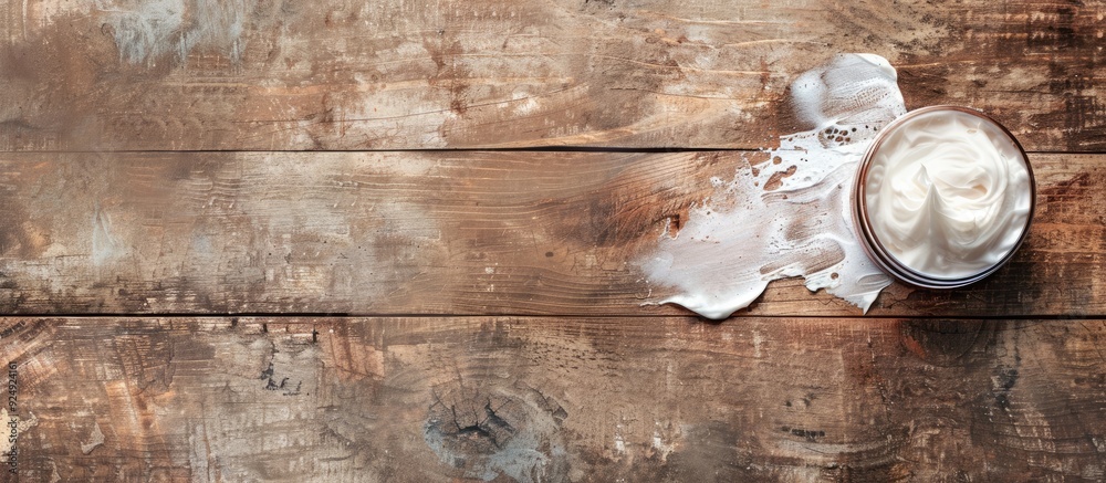 Poster wooden textured surface with a facial cleanser displayed perfect for copy space image