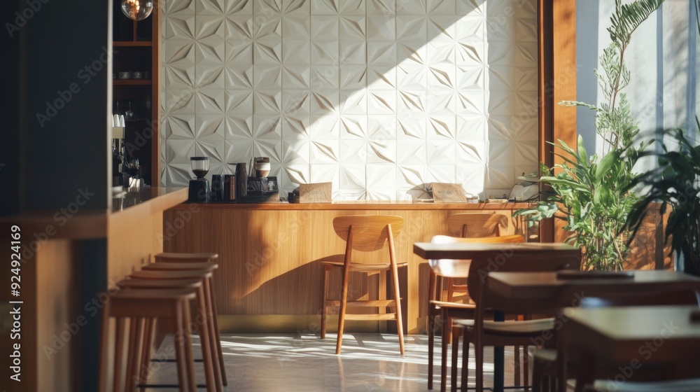 Leinwandbilder Sunlight streams through large windows, illuminating wooden tables and chairs in a modern cafe with a textured wall.
