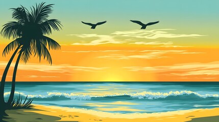 Latin American Sunset Beach Illustration, Spanish Heritage Charm, Serene Evening Scene