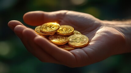 Golden coins held in hand, sunlight reflecting off them