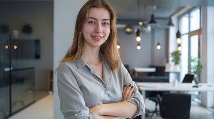 Fototapeta premium Confident businesswoman with crossed arms smiling in modern office, facing camera, embodying success in professional attire with sleek hairstyle.