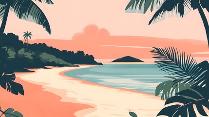 Fototapeta premium Latin American Sunset Beach Illustration, Spanish Heritage Charm, Serene Evening Scene