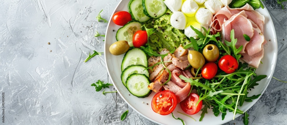 Poster keto dinner plate with boiled pork avocado guacamole tomatoes cucumbers mozzarella olives and arugul