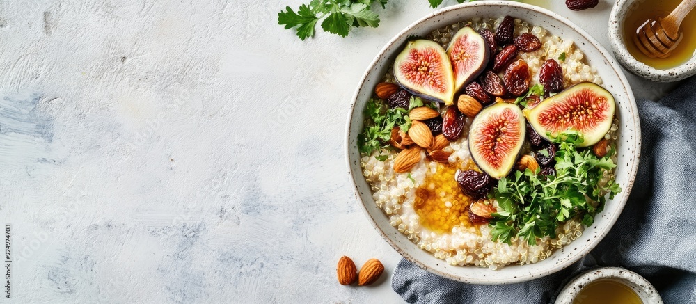 Leinwandbilder gluten free amaranth and quinoa porridge breakfast bowl topped with figs caramelized almonds raisins