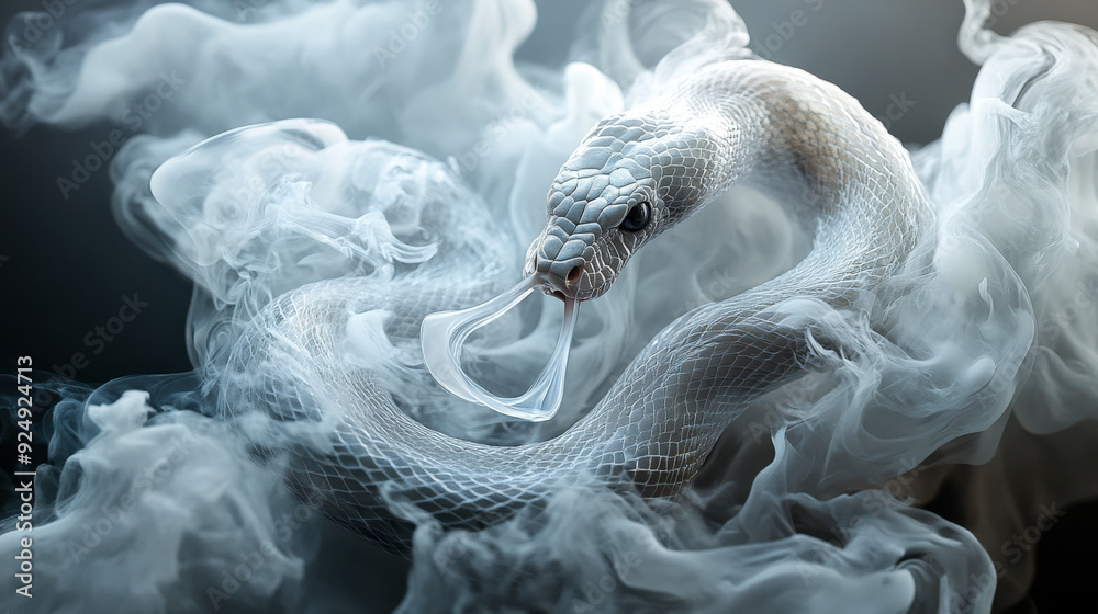 Wall mural abstract snake emerging from or intertwined with wisps of smoke, using a muted colour palette to evoke mystery and fluidity