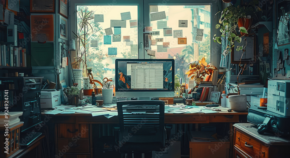 Poster an computer on a desk in a cozy room. there are falling working papers and work messes all around. g