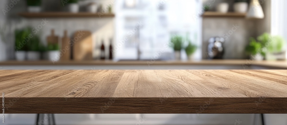 Aufkleber Wood table top set against a blurred kitchen room background Suitable for product montage display or design key visual layout. with copy space image. Place for adding text or design