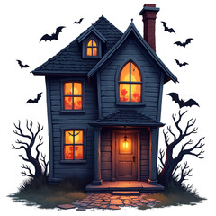 Haunted House on a Hill Overlooking a Ghostly Cemetery