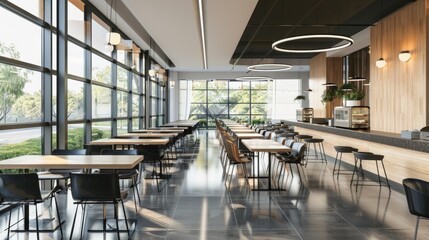 Spacious cafeteria with ample natural light, green views, black tiles, colourful furniture, plant decor and coffee bar. High ceilings and an organised layout create a bright and lively atmosphere.