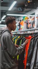 Fototapeta premium A black man in a large retail shop looks at a bright orange t-shirt. The shop is filled with colourful clothes, creating a lively shopping atmosphere.