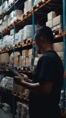 Fototapeta premium A man in a warehouse uses a digital tablet for inventory management. The organized space contains diverse items in white and colored packaging.
